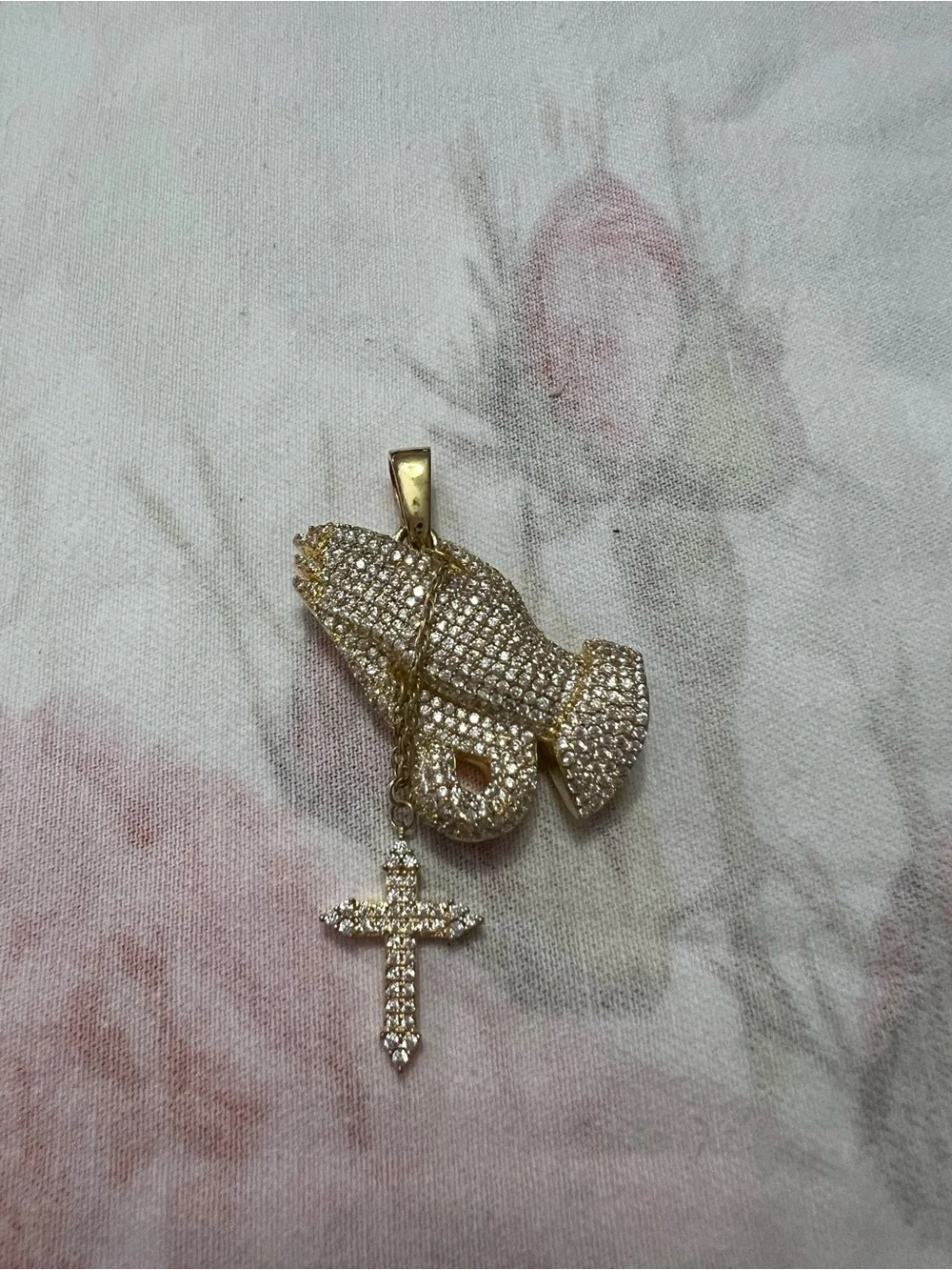 GLD Iced Praying Hands with Cross Pendant in Gold Tone